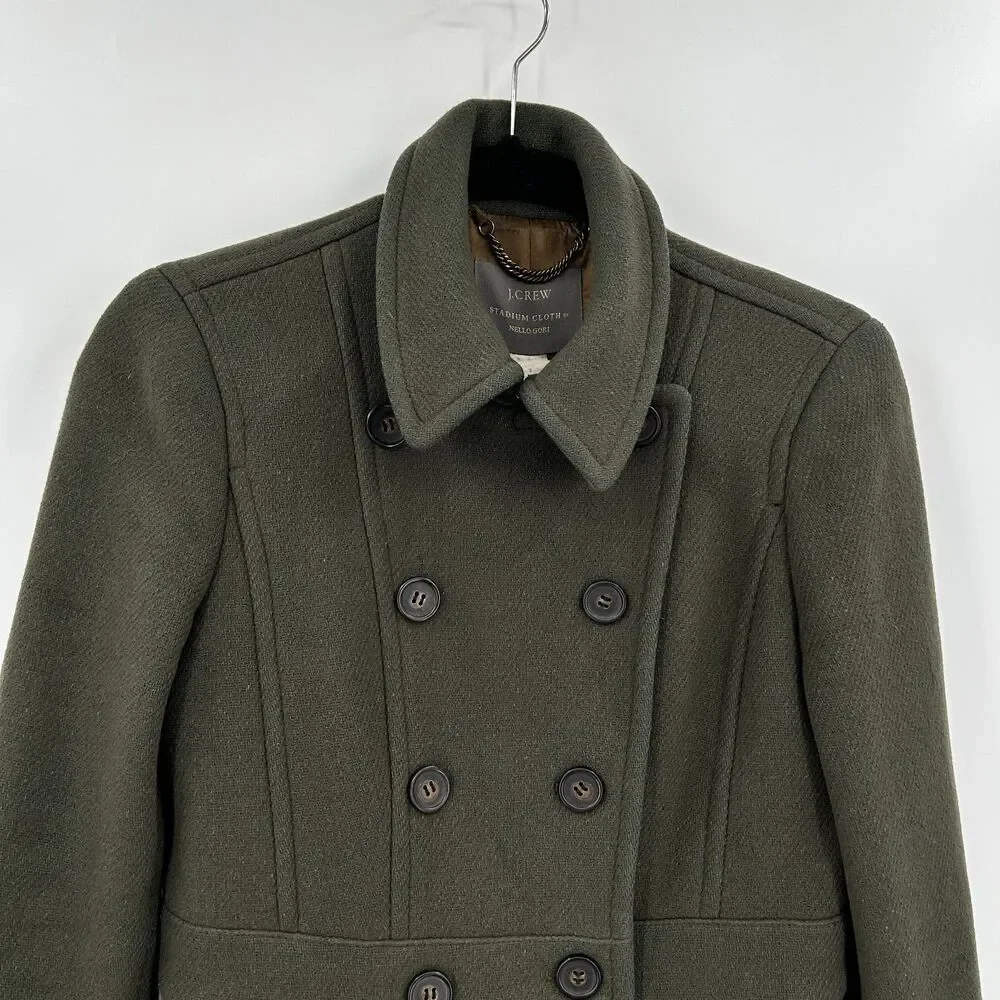 J. CREW Stadium Cloth Nello Gori *Flawed Olive Green Wool Double Breasted Coat 2 - Picture 3 of 6
